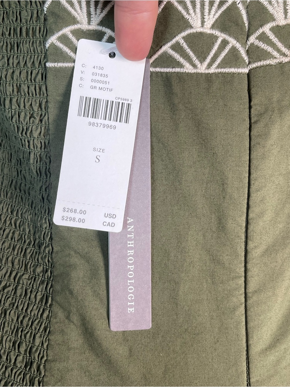 Anthropologie Strapless Olive Green Embroidered Cotton Midi Dress NWT Small - Picture 9 of 11